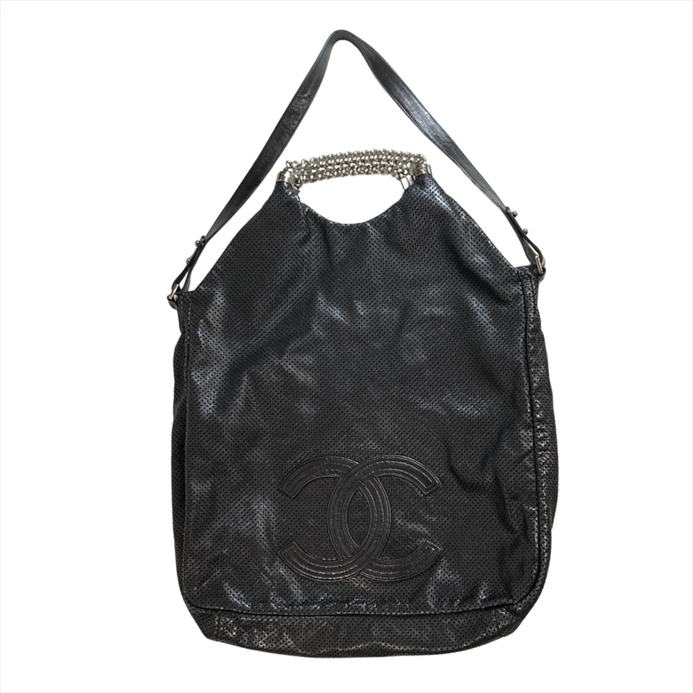 Chanel CHANEL Coco Mark Handbag 2WAY Perforated Leather Black Metallic Serial...